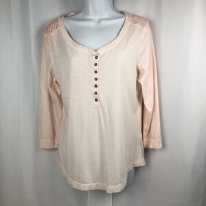 LRL Ralph Lauren Womens Large Cotton Peach Popover Top Crochet Lace Accents L